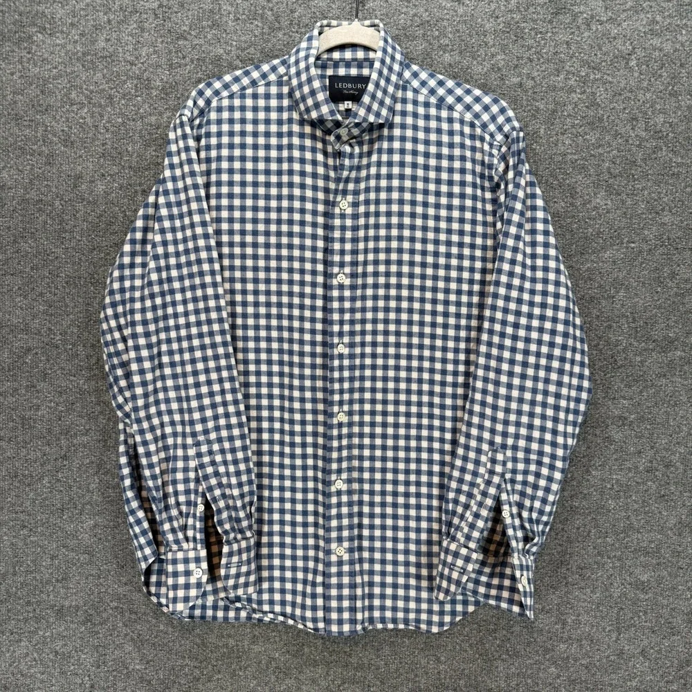 Ledbury Dress Shirt Mens 16 35 Blue Gingham Check Cotton Spread Collar Button Up